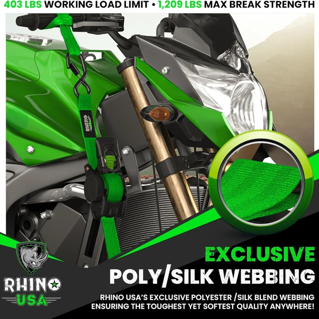 Alt view image 4 of 7 - Retractable Ratchet Straps (4-Pack) - 1in x 10ft, Green 1,209lb Break Strength, Auto Self Retracting Design. For Truck, Cargo Trailer, Motorcycle, ATV & UTV Tie Downs. Green