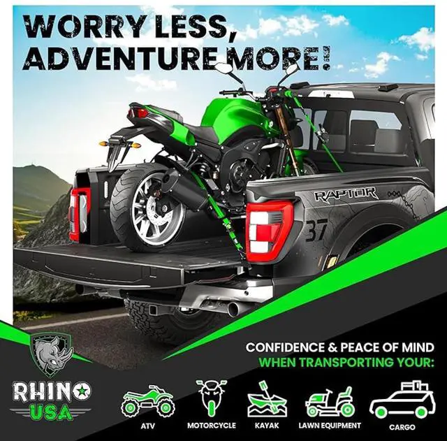 Alt view image 7 of 7 - Retractable Ratchet Straps (4-Pack) - 1in x 10ft, Green 1,209lb Break Strength, Auto Self Retracting Design. For Truck, Cargo Trailer, Motorcycle, ATV & UTV Tie Downs. Green