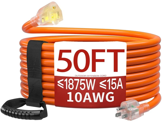 Main image of 50 FT 10 Gauge Extension Cord Outdoor, Orange Power Cord Heavy Duty Extension Cord 50 Foot, Orange Extension Cord with Lighted end, for Lawn & Garden, 15A 1875W 125V, ETL Listed