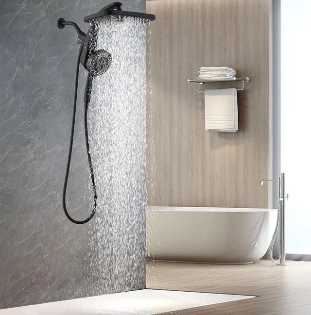 Alt view image 2 of 7 - Rain Shower Head with Handheld Showerhead, Black 1.75GPM 460311 12" High Pressure Rainfall Shower Heads, 9 Sprays Handheld Showerheads, Magnetic Docking, Power Jets, 59" Shower Hose