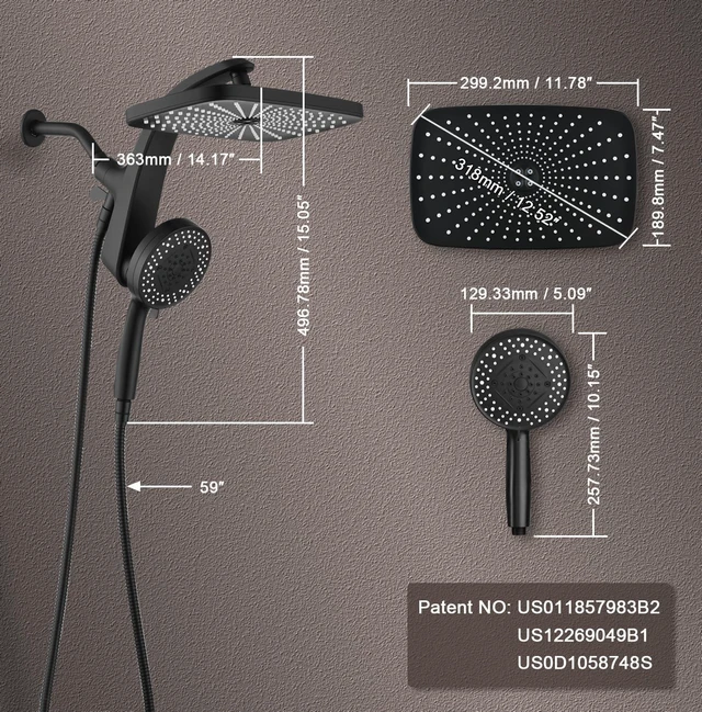 Alt view image 3 of 7 - Rain Shower Head with Handheld Showerhead, Black 1.75GPM 460311 12" High Pressure Rainfall Shower Heads, 9 Sprays Handheld Showerheads, Magnetic Docking, Power Jets, 59" Shower Hose