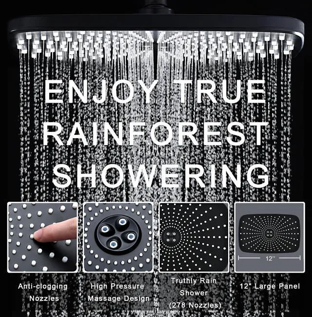 Alt view image 5 of 7 - Rain Shower Head with Handheld Showerhead, Black 1.75GPM 460311 12" High Pressure Rainfall Shower Heads, 9 Sprays Handheld Showerheads, Magnetic Docking, Power Jets, 59" Shower Hose