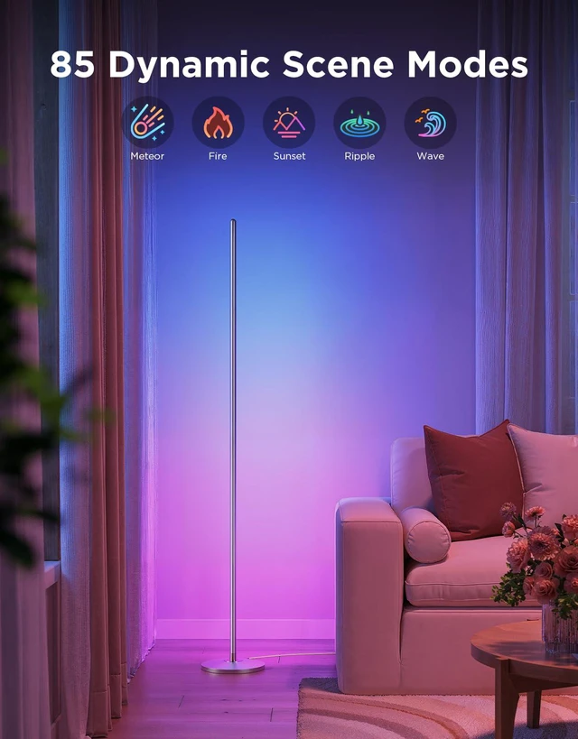 Alt view image 3 of 7 - RGBIC Floor Lamp, 1000lm LED Corner Lamp Works with Alexa, Smart Modern Floor Lamp with Music Sync and Color Changing Standing Lamp for Bedroom Living Room Silver