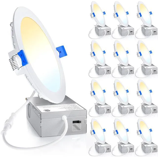 Main image of 12 Pack 6 Inch LED Recessed Ceiling Light, 6CCT, 1200LM 12W 120V 2700K-6000K Selectable, 5%-100% Dimming, Ultra-Thin Canless Wafer Downlight with Junction Box, Damp Rated, ETL&FCC&IC