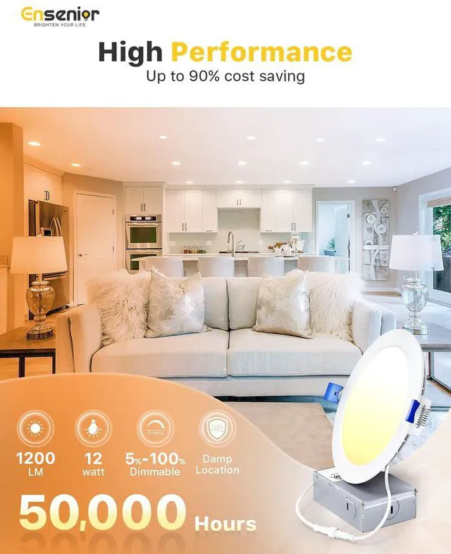 Alt view image 2 of 7 - 12 Pack 6 Inch LED Recessed Ceiling Light, 5000K, 1200LM 12W 120V 5%-100% Dimming, Ultra-Thin Canless Wafer Downlight with Junction Box, High Brightness, Damp Rated, ETL&FCC&IC