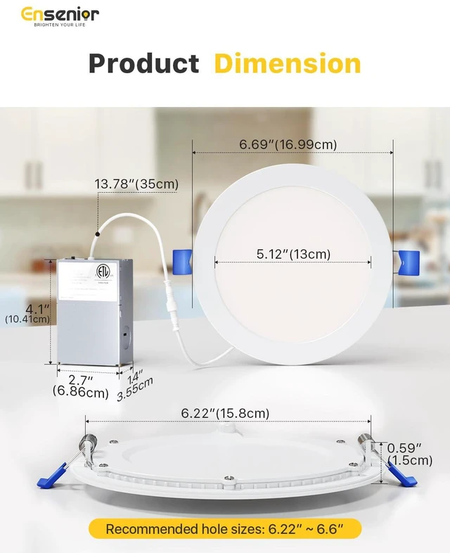 Alt view image 5 of 7 - 12 Pack 6 Inch LED Recessed Ceiling Light, 5000K, 1200LM 12W 120V 5%-100% Dimming, Ultra-Thin Canless Wafer Downlight with Junction Box, High Brightness, Damp Rated, ETL&FCC&IC
