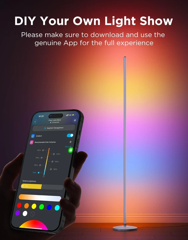 Alt view image 7 of 7 - RGBIC Floor Lamp, 1000lm LED Corner Lamp Works with Alexa, Smart Modern Floor Lamp with Music Sync and Color Changing Standing Lamp for Bedroom Living Room Silver