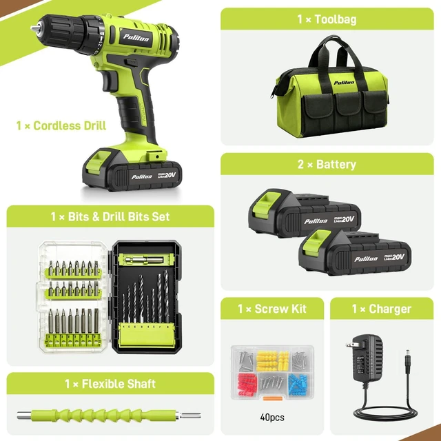 Alt view image 2 of 7 - 20V Max Cordless Drill/Driver Set with Storage Bag, 2 Batteries, 30Nm, 21+1 Torque, 2 Speed, Keyless 3/8" Chuck, LED Light, Electric Screwdriver Function, Home Kit (Green)
