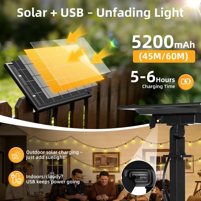 Alt view image 2 of 7 - Solar Lights Outdoor Waterproof: G40 60M 200FT Shatterproof Bulbs Patio Lights - Solar Powered 3 Light Modes Solar Light - Camping Backyard Garden Deck Outside Yard