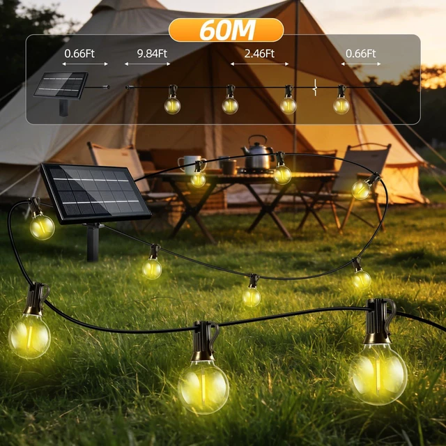 Alt view image 7 of 7 - Solar Lights Outdoor Waterproof: G40 60M 200FT Shatterproof Bulbs Patio Lights - Solar Powered 3 Light Modes Solar Light - Camping Backyard Garden Deck Outside Yard