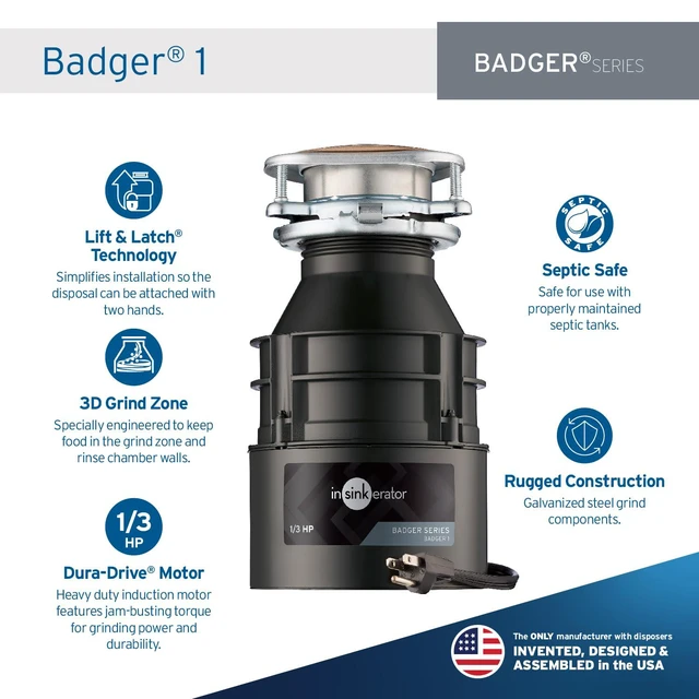 Alt view image 2 of 7 - Badger 1 Garbage Disposal with Power Cord, Standard Series 1/3 HP Continuous Feed Food Waste Disposer, Badger 1 W/C