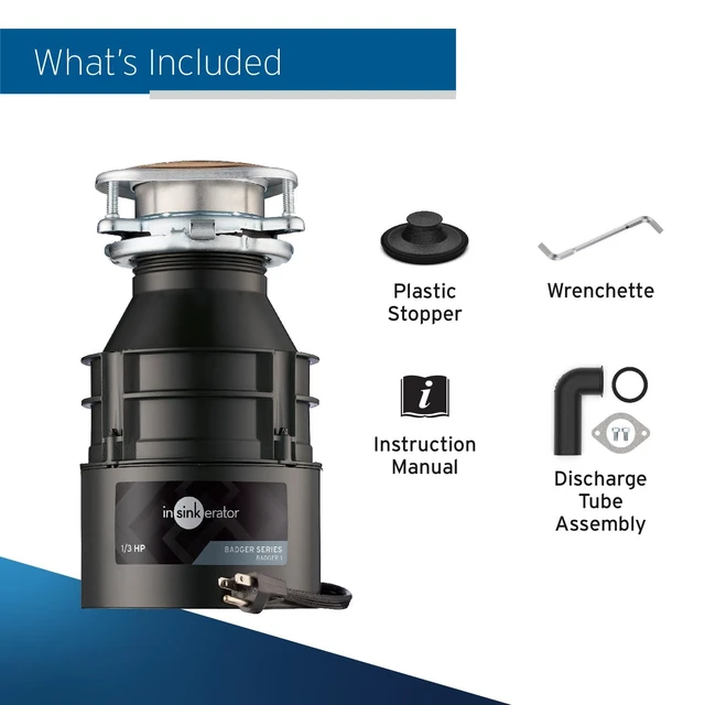 Alt view image 7 of 7 - Badger 1 Garbage Disposal with Power Cord, Standard Series 1/3 HP Continuous Feed Food Waste Disposer, Badger 1 W/C