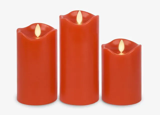 Alt view image 2 of 6 - Co. Set of 3 (3" x 4.5",5.5",6.5") Flameless LED Flickering Battery Candle Moving Flame Pillar, Melted Edge, Real Wax Smooth Finish (Bright Red)