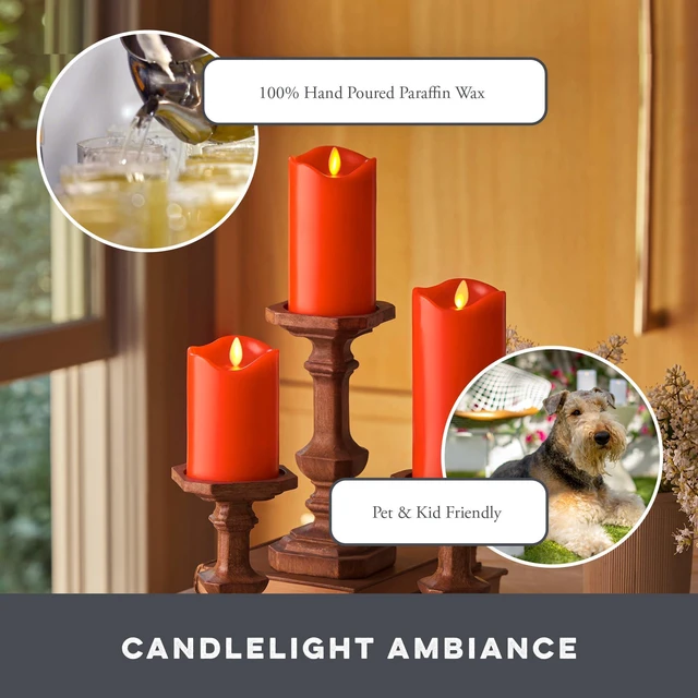 Alt view image 5 of 6 - Co. Set of 3 (3" x 4.5",5.5",6.5") Flameless LED Flickering Battery Candle Moving Flame Pillar, Melted Edge, Real Wax Smooth Finish (Bright Red)
