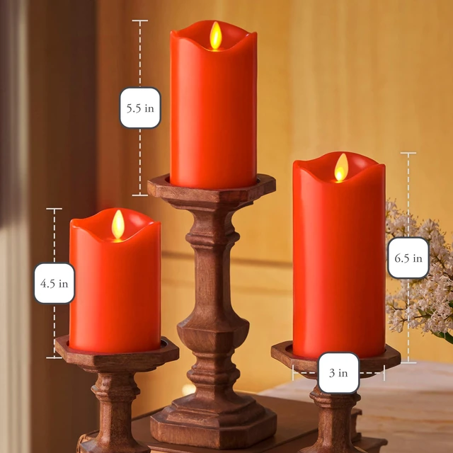 Alt view image 6 of 6 - Co. Set of 3 (3" x 4.5",5.5",6.5") Flameless LED Flickering Battery Candle Moving Flame Pillar, Melted Edge, Real Wax Smooth Finish (Bright Red)