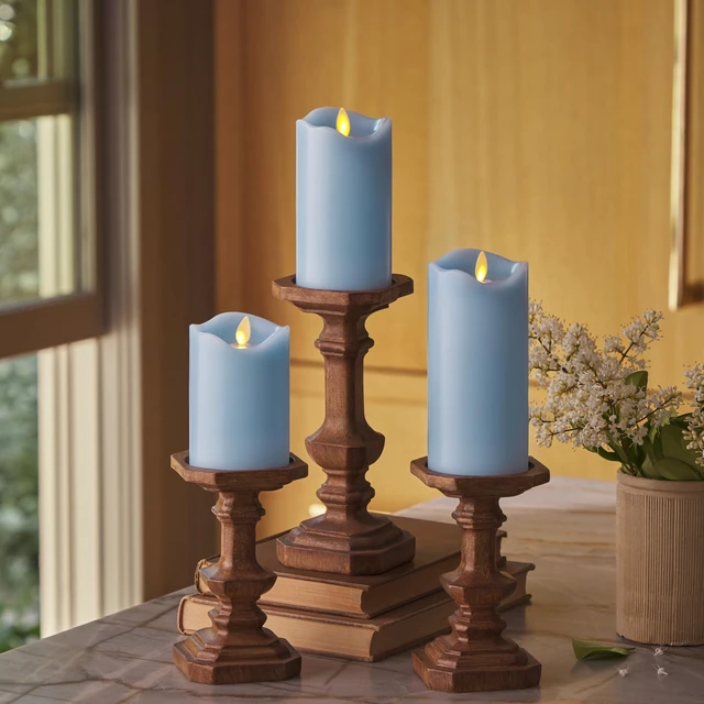 Main image of Co. Set of 3 (3" x 4.5",5.5",6.5") Flameless LED Flickering Battery Candle Moving Flame Pillar, Melted Edge, Real Wax Smooth Finish (Pastel Blue)
