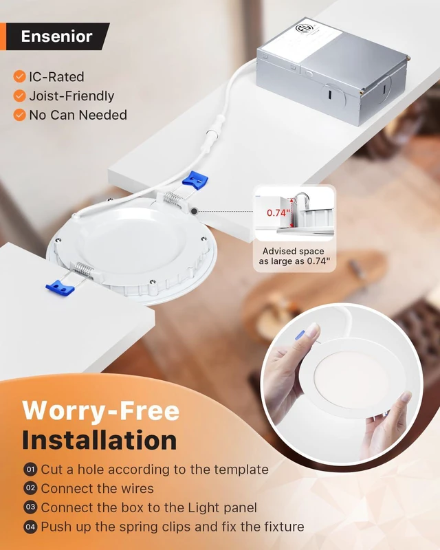 Alt view image 6 of 7 - 12 Pack 4 Inch LED Recessed Ceiling Light, 6CCT, 750LM 9W 120V 2700K-6000K Selectable, 5%-100% Dimming, Ultra-Thin Canless Wafer Downlight with Junction Box, Damp Rated, ETL&FCC&IC