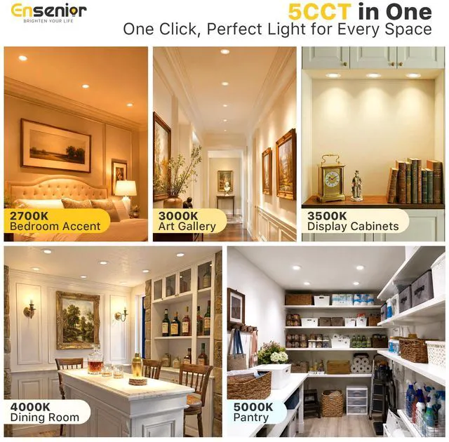 Alt view image 2 of 7 - 12 Pack 3 Inch LED Recessed Ceiling Light, 5CCT, 500LM 6W 120V 2700K-5000K Selectable, 5%-100% Dimming, Ultra-Thin Canless Wafer Downlight with Junction Box, Damp Rated, ETL&FCC&IC