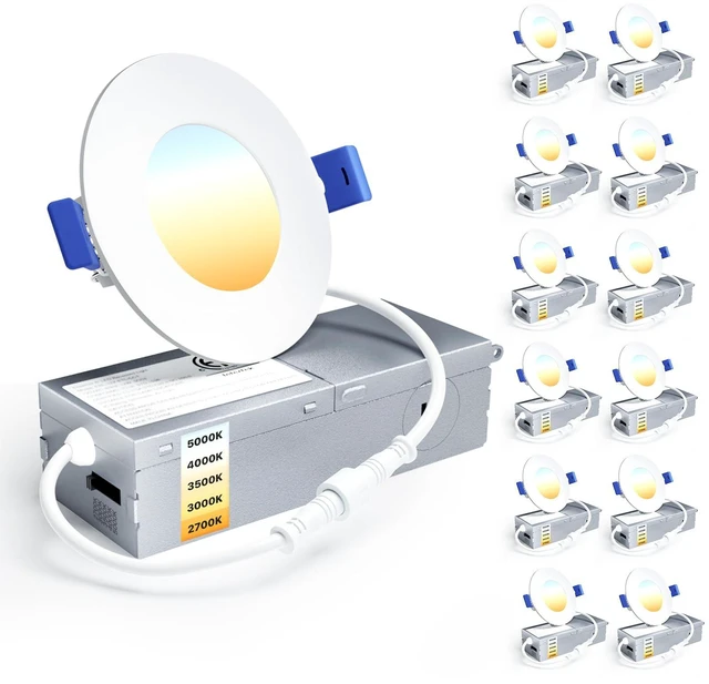 Main image of 12 Pack 3 Inch LED Recessed Ceiling Light, 5CCT, 500LM 6W 120V 2700K-5000K Selectable, 5%-100% Dimming, Ultra-Thin Canless Wafer Downlight with Junction Box, Damp Rated, ETL&FCC&IC