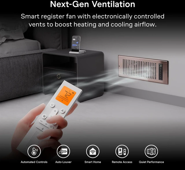 Alt view image 2 of 7 - AIRTAP T4, Bronze Register Booster Fan for 4x10 Openings Automatic Open/Close Vents, Wireless LCD Temperature Controller, WiFi App, Quiet 10-Speeds, Smart Home