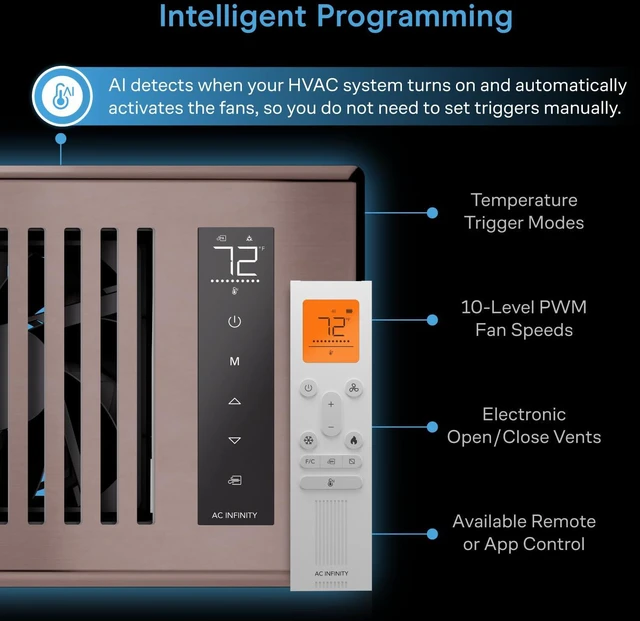 Alt view image 5 of 7 - AIRTAP T4, Bronze Register Booster Fan for 4x10 Openings Automatic Open/Close Vents, Wireless LCD Temperature Controller, WiFi App, Quiet 10-Speeds, Smart Home