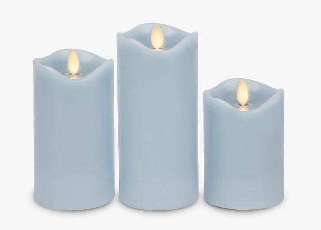 Alt view image 2 of 6 - Co. Set of 3 (3" x 4.5",5.5",6.5") Flameless LED Flickering Battery Candle Moving Flame Pillar, Melted Edge, Real Wax Smooth Finish (Pastel Blue)