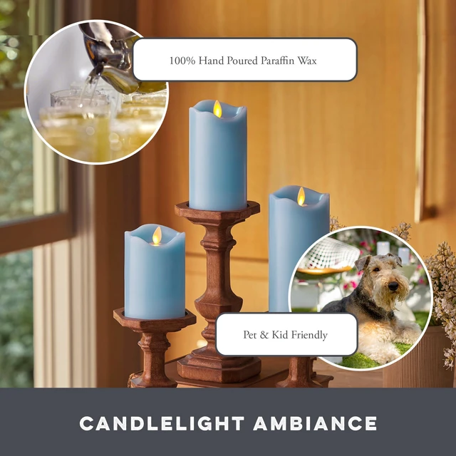 Alt view image 5 of 6 - Co. Set of 3 (3" x 4.5",5.5",6.5") Flameless LED Flickering Battery Candle Moving Flame Pillar, Melted Edge, Real Wax Smooth Finish (Pastel Blue)
