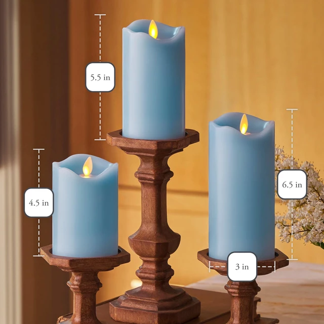 Alt view image 6 of 6 - Co. Set of 3 (3" x 4.5",5.5",6.5") Flameless LED Flickering Battery Candle Moving Flame Pillar, Melted Edge, Real Wax Smooth Finish (Pastel Blue)