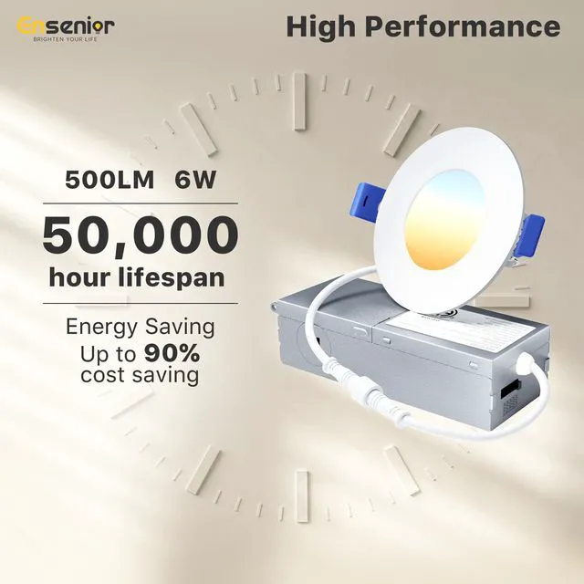 Alt view image 5 of 7 - 12 Pack 3 Inch LED Recessed Ceiling Light, 5CCT, 500LM 6W 120V 2700K-5000K Selectable, 5%-100% Dimming, Ultra-Thin Canless Wafer Downlight with Junction Box, Damp Rated, ETL&FCC&IC