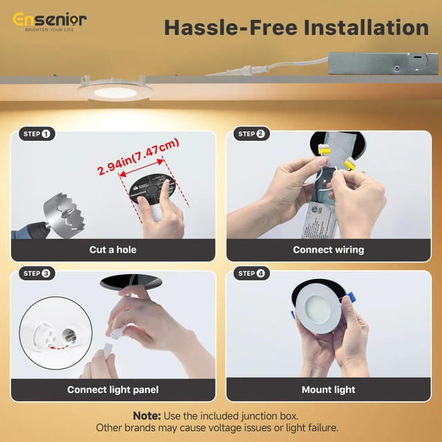Alt view image 6 of 7 - 12 Pack 3 Inch LED Recessed Ceiling Light, 5CCT, 500LM 6W 120V 2700K-5000K Selectable, 5%-100% Dimming, Ultra-Thin Canless Wafer Downlight with Junction Box, Damp Rated, ETL&FCC&IC