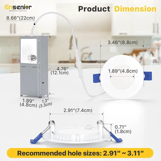 Alt view image 7 of 7 - 12 Pack 3 Inch LED Recessed Ceiling Light, 5CCT, 500LM 6W 120V 2700K-5000K Selectable, 5%-100% Dimming, Ultra-Thin Canless Wafer Downlight with Junction Box, Damp Rated, ETL&FCC&IC