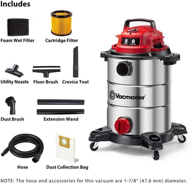 Alt view image 2 of 7 - VOC812SF 1101 8-Gal 6 Peak HP Stainless Steel Wet/Dry Vac Red
