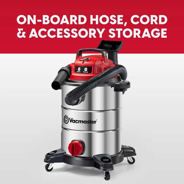 Alt view image 6 of 7 - VOC812SF 1101 8-Gal 6 Peak HP Stainless Steel Wet/Dry Vac Red