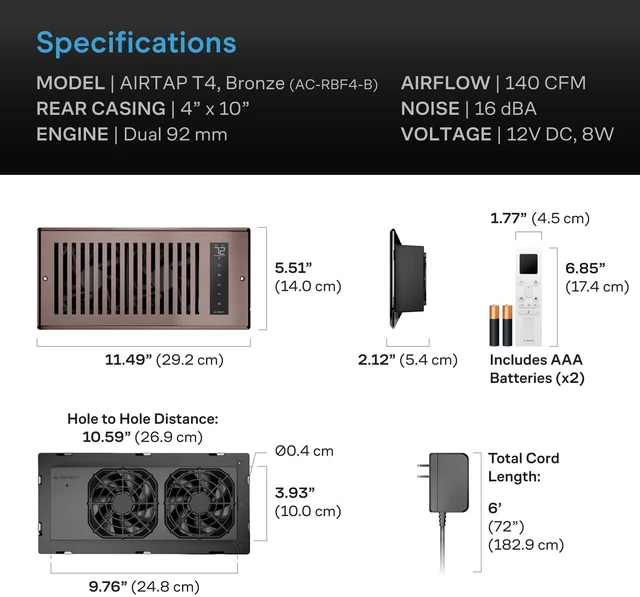 Alt view image 7 of 7 - AIRTAP T4, Bronze Register Booster Fan for 4x10 Openings Automatic Open/Close Vents, Wireless LCD Temperature Controller, WiFi App, Quiet 10-Speeds, Smart Home