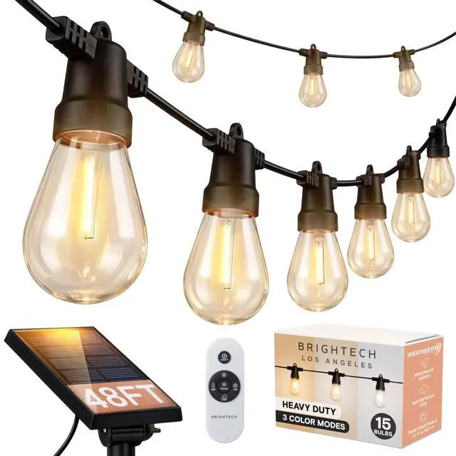 Main image of 48 (42+6) FT Ambience Pro Outdoor Solar String Lights - Bright Remote Control Color Adjustable Solar Light - Commercial Grade, 15 Waterproof LED Bulbs for Patios, Camping, Yard, Outside