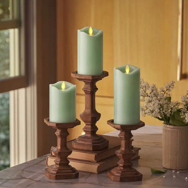 Main image of Co. Set of 3 (3" x 4.5",5.5",6.5") Flameless LED Flickering Battery Candle Moving Flame Pillar, Melted Edge, Real Wax Smooth Finish (Pastel Green)