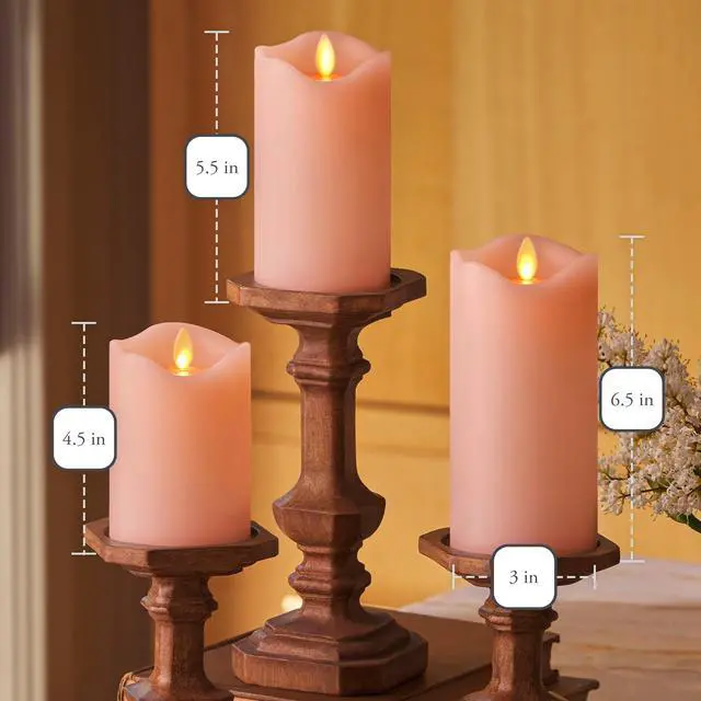 Alt view image 6 of 6 - Co. Flameless LED Battery Operated Flickering Pillar Candles - Pastel Pink - Set of 3 - Indoor Outdoor Decor Safe