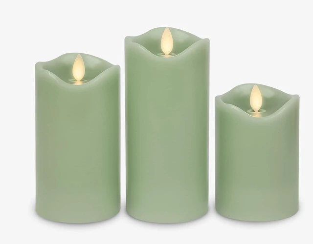 Alt view image 2 of 6 - Co. Set of 3 (3" x 4.5",5.5",6.5") Flameless LED Flickering Battery Candle Moving Flame Pillar, Melted Edge, Real Wax Smooth Finish (Pastel Green)