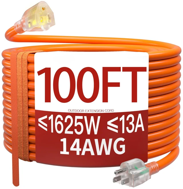 Main image of 14/3 100 FT Extension Cord Outdoor, Power Cord Orange Heavy Duty Extension Cord 100 Ft, Orange Extension Cords with Lighted end, Flame Retardant, 14AWG 13A 1625W 125V, ETL Listed
