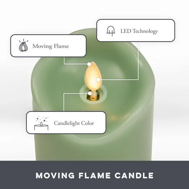 Alt view image 3 of 6 - Co. Set of 3 (3" x 4.5",5.5",6.5") Flameless LED Flickering Battery Candle Moving Flame Pillar, Melted Edge, Real Wax Smooth Finish (Pastel Green)