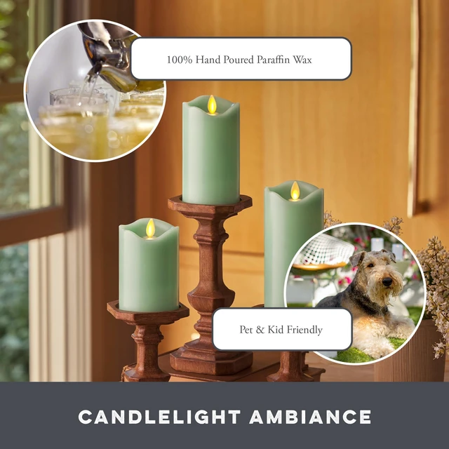 Alt view image 5 of 6 - Co. Set of 3 (3" x 4.5",5.5",6.5") Flameless LED Flickering Battery Candle Moving Flame Pillar, Melted Edge, Real Wax Smooth Finish (Pastel Green)