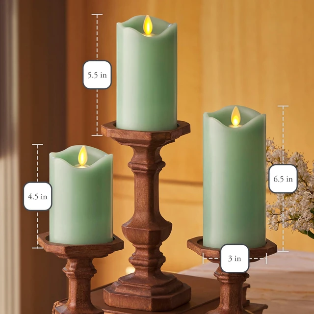 Alt view image 6 of 6 - Co. Set of 3 (3" x 4.5",5.5",6.5") Flameless LED Flickering Battery Candle Moving Flame Pillar, Melted Edge, Real Wax Smooth Finish (Pastel Green)