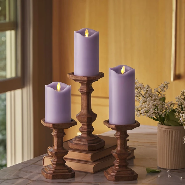 Main image of Co. Flameless LED Battery Operated Flickering Pillar Candles - Pastel Purple - Set of 3 - Indoor Outdoor Decor Safe