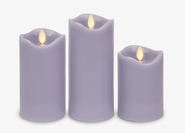 Alt view image 2 of 6 - Co. Flameless LED Battery Operated Flickering Pillar Candles - Pastel Purple - Set of 3 - Indoor Outdoor Decor Safe