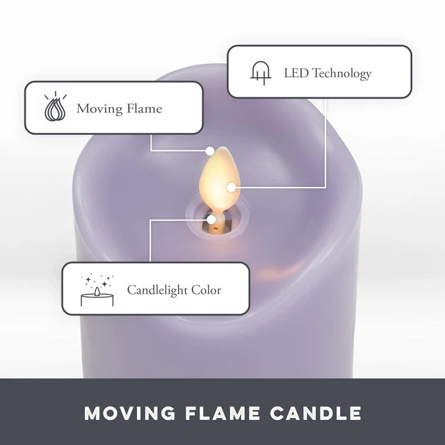 Alt view image 3 of 6 - Co. Flameless LED Battery Operated Flickering Pillar Candles - Pastel Purple - Set of 3 - Indoor Outdoor Decor Safe