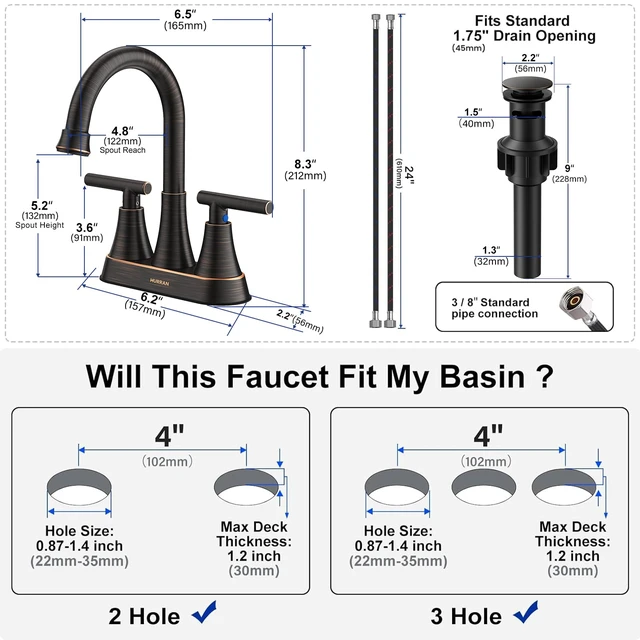 Alt view image 5 of 7 - Bathroom Faucets, 4 inch Centerset 2-Handle Lead-Free, ORB Bathroom Sink Faucet with Pop-up Drain and Supply Lines, Stainless Steel Faucet for Vanity RV Restroom Laundry, 2 Pack