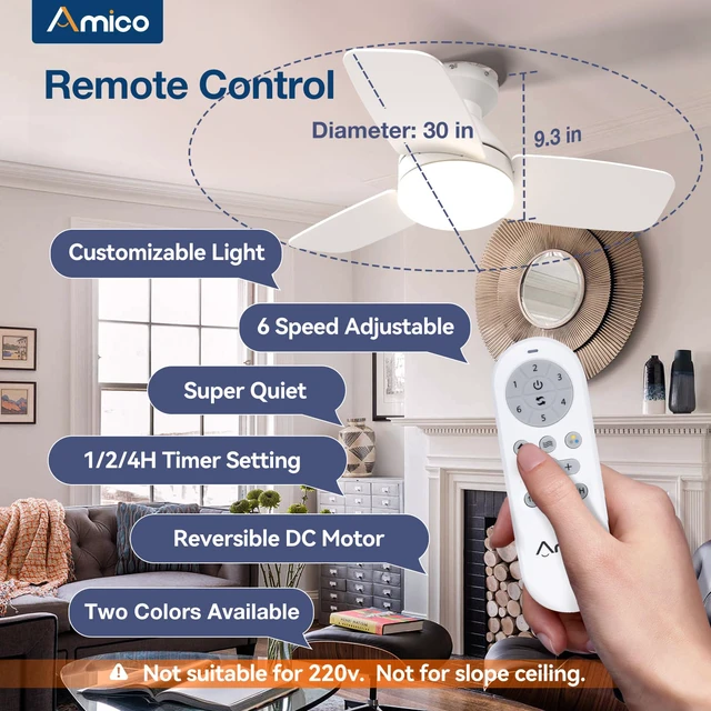 Alt view image 2 of 7 - 30 Inch White Low Profile Ceiling Fans with Lights and Remote Flush mount, 3-color dimmable light, quiet reversible DC motor, easy install, memory, timer, bedroom, covered outdoor areas