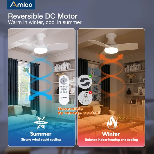 Alt view image 5 of 7 - 30 Inch White Low Profile Ceiling Fans with Lights and Remote Flush mount, 3-color dimmable light, quiet reversible DC motor, easy install, memory, timer, bedroom, covered outdoor areas