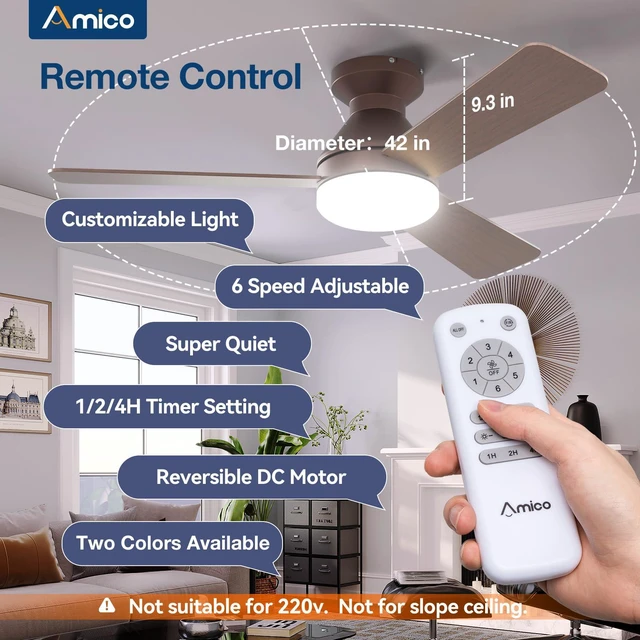 Alt view image 2 of 7 - 42 Inch Brown Low Profile Ceiling Fans with Lights and Remote Flush mount, 3-color dimmable light, quiet reversible DC motor, easy install, memory, timer, bedroom, covered outdoor areas