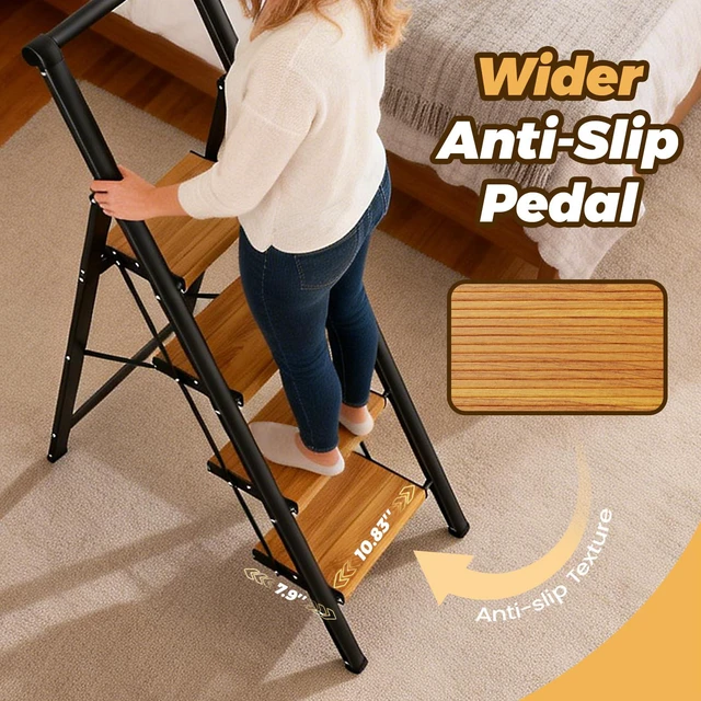 Alt view image 3 of 7 - 4 Step Ladder, Lightweight Aluminum Folding Step Stool Anti-Slip Wide Pedal, 330lbs Capacity Step Ladder for Household Kitchen Office, BlackWoodgrain